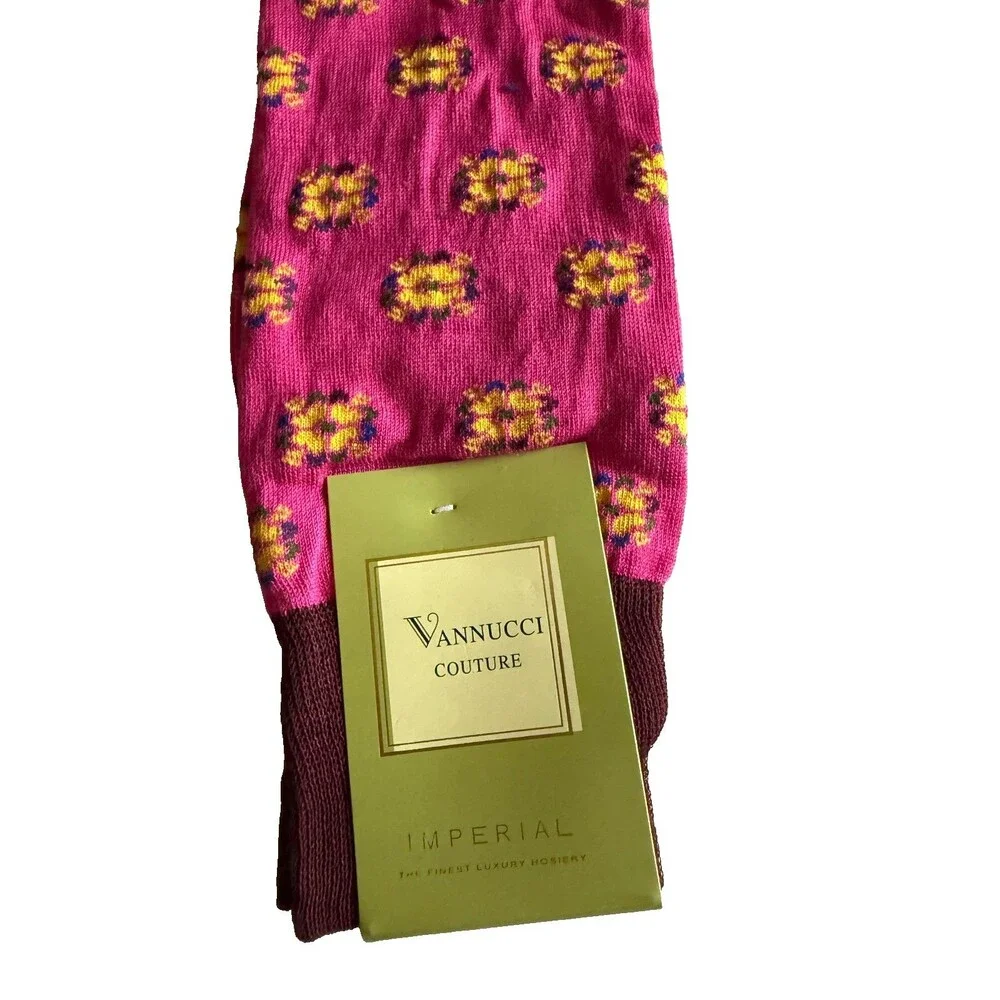 Vannucci Designer Floral Print Mens Dress Socks Pink Yellow Cotton Sz 10-13